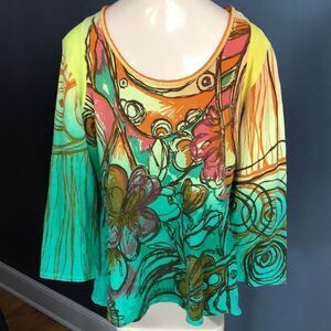 BaMBooco abstract floral stretch knit beaded top L